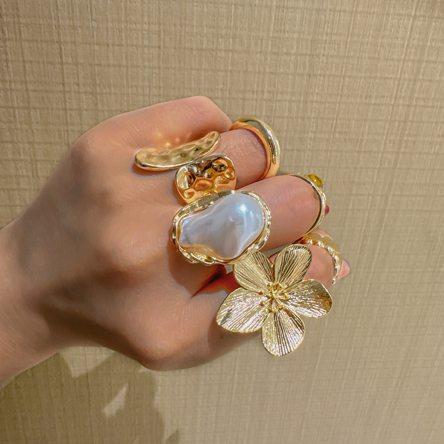 6pcs French Baroque Flower Statement Rings Set with Pearl Accent